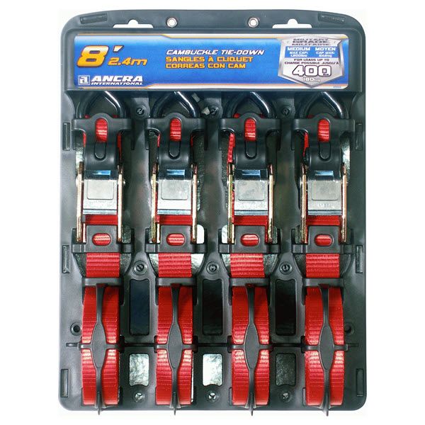 1" X 8' Cambuckle Strap w/steel vinyl coated S Hooks. 4 Pack