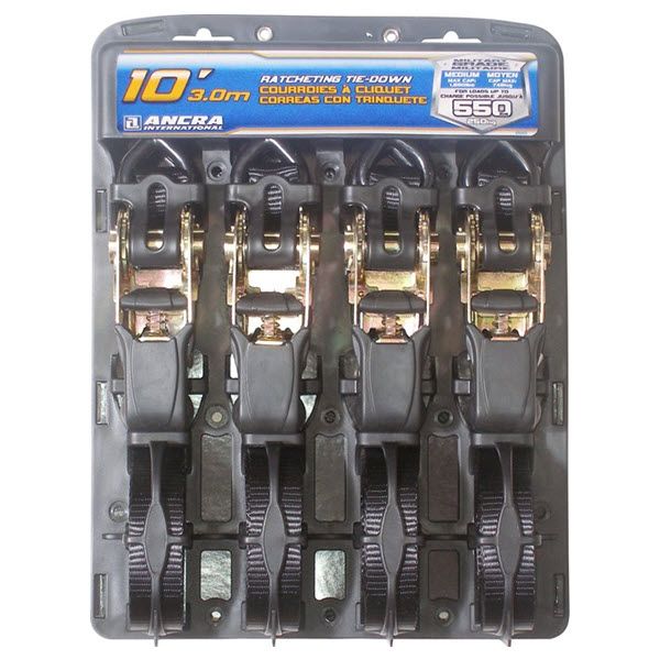 1" X 10' Ratchet utility tie-down with vinyl S hooks, 4 pack