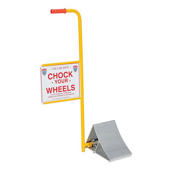 Extruded Aluminum Chock with ergonomic handle and sign.