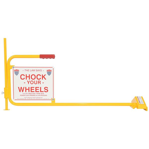 Rail Chock with "Chock Your Wheels" Sign.