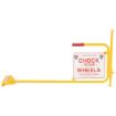 Rail Chock with "Chock Your Wheels" Sign.