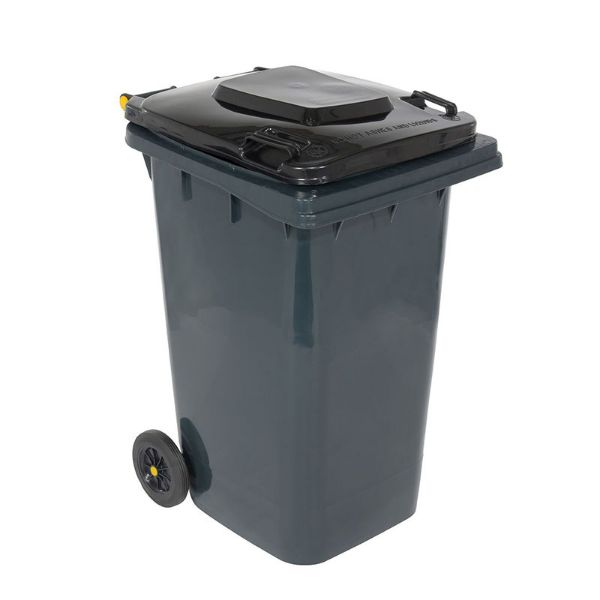 64-gallon gray HDPE trash can front view