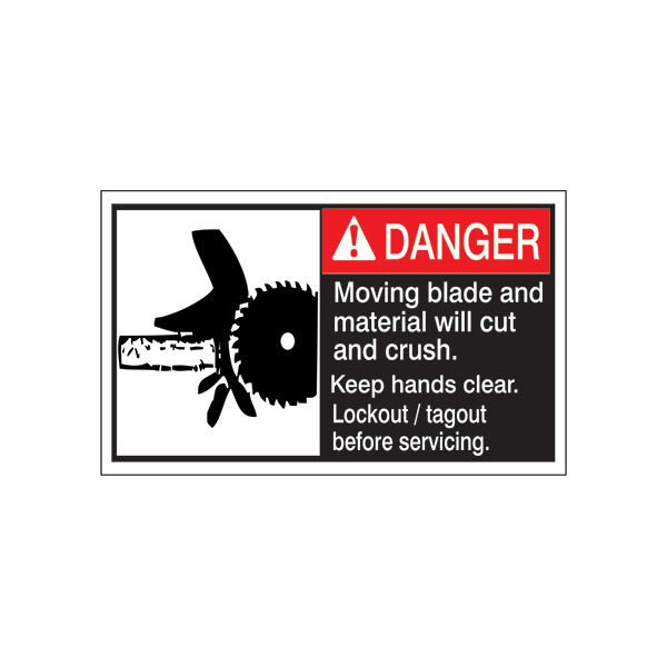 ANSI Header Moving Blade And Material Will Cut And Crush, keep hands clear. Lockout / tagout before servicing.  - ML-051