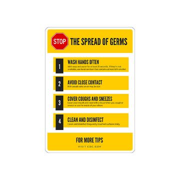 Stop The Spread Of Germs - Germ And Virus Prevention Sign, Plastic (.040), 10X7 Stop The Spread Of Germs - Germ And Virus Prevention Sign - GV-22223