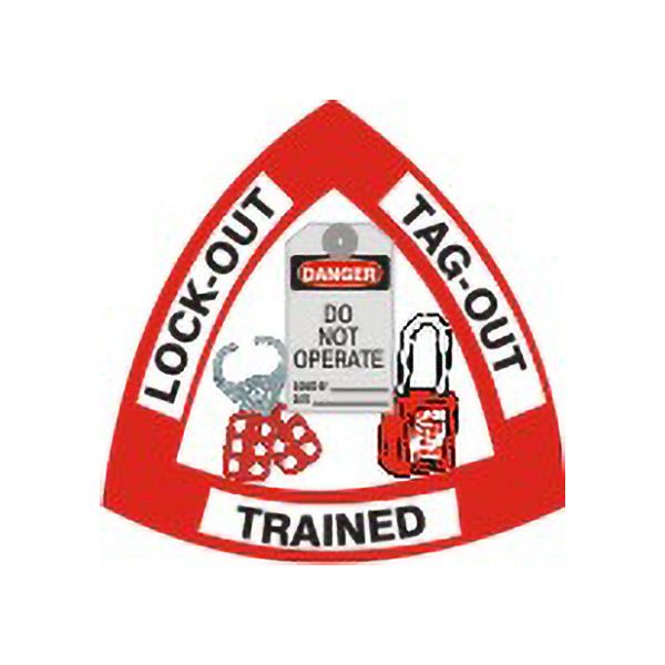 Lockout Tag-Out Trained With Picto Of Hasp  Tag & Lock – Helmet / Hard Hat Markers - HM-113