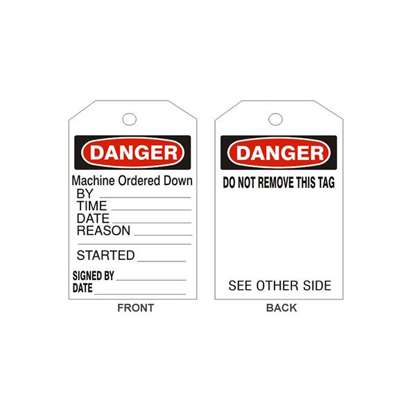 Danger Machine Ordered Down Tags - Back 1, Rigid Vinyl, 6.125X3