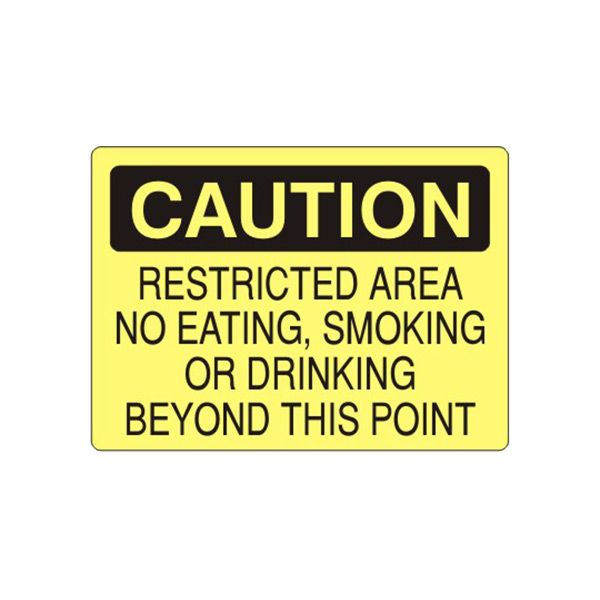 Caution: Restricted Area No Eating  Smoking Or Drinking Beyond This Point sign, Plastic (.040), 7X10