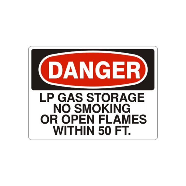 Danger Lp Gas Storage No Smoking Or Open Flames Within 50 sign, Aluminum (.040), 7X10