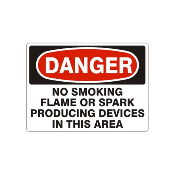 Danger: No Smoking Flame Or Spark Producing Devices In This Area sign, Adhesive Vinyl, 14X20