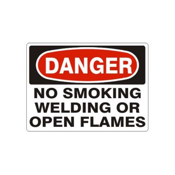 Danger: No Smoking Welding Or Open Flames sign - D-475244 Danger: No Smoking Welding Or Open Flames sign, Adhesive Vinyl, 14X20