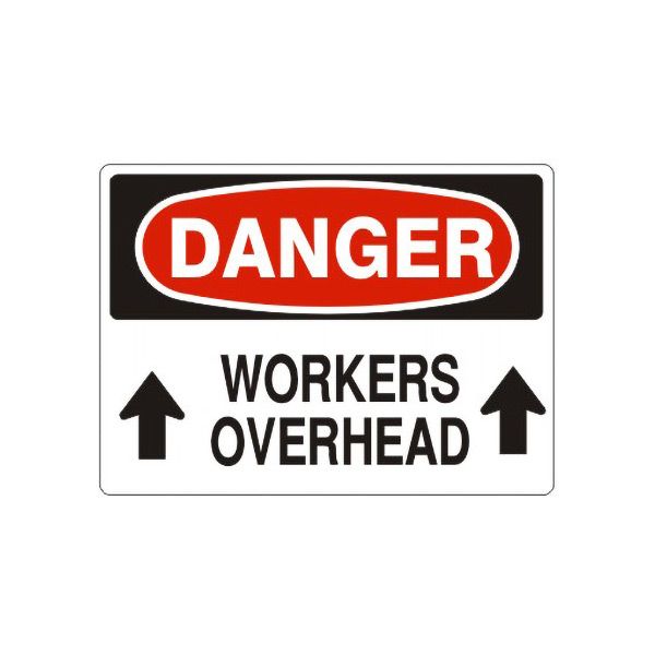 Danger: Workers Overhead  Up Arrows sign, Adhesive Vinyl, 7X10