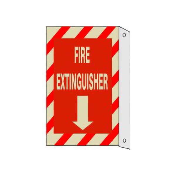 Fire Extinguisher  Down Arrow  Red/Wht Stripe Border With Flange Glow, Aluminum Glow, 14X10