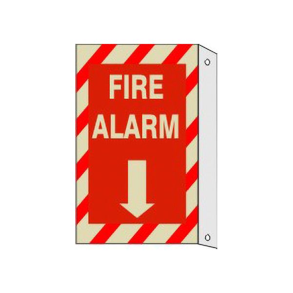Fire Alarm  Down Arrow Red/Wht Stripe Border With Flange Glow, Aluminum Glow, 14X10