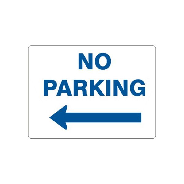 No Parking Left Arrow Blue On White sign, Aluminum (.040), 7X10