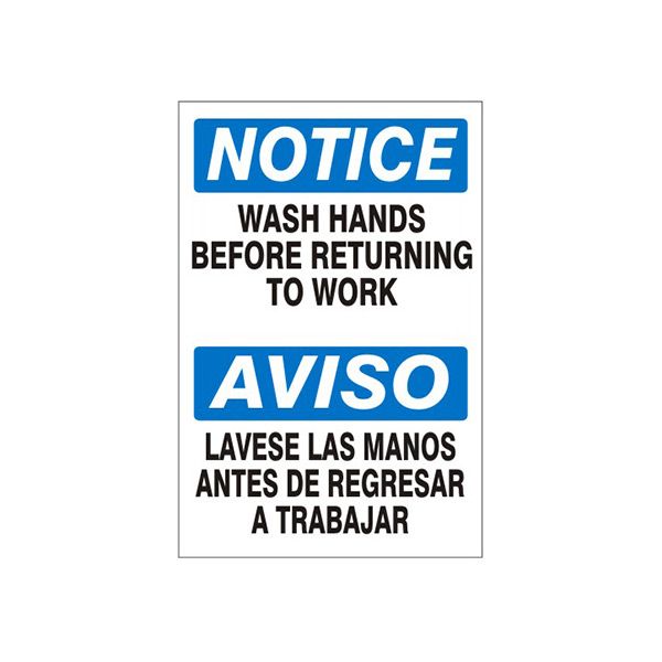 Wash Hands Before Returning To Work Aviso Lavese Las Manos, Plastic (.040), 20X14