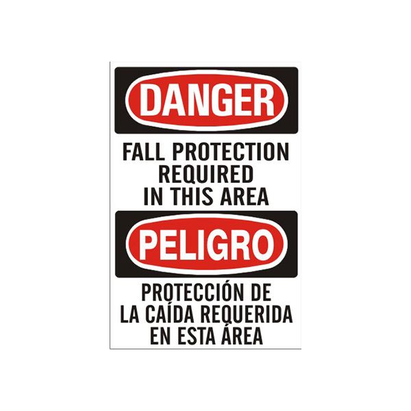 Fall Protection Required Inthis Area Peligro Proteccion De Caída Requerida - Danger Sign sign, Adhesive Vinyl, 20X14