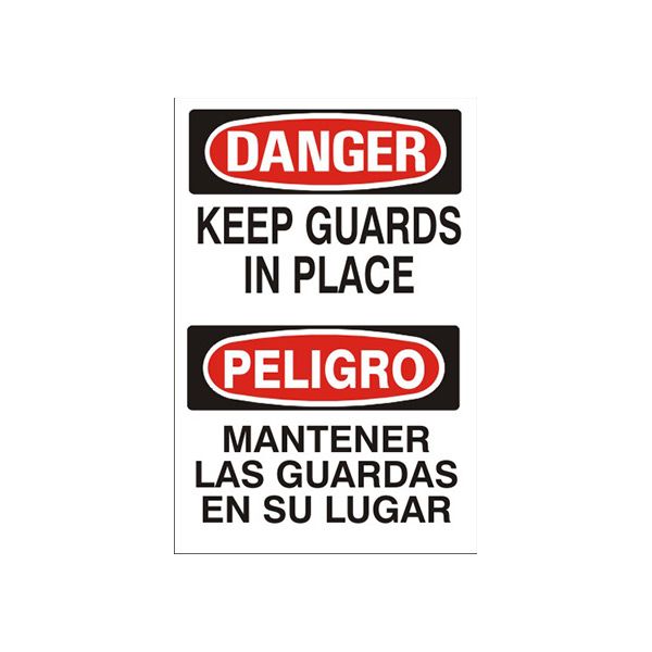 Keep Guards In Place Peligro Mantener Las Guardas En Su - Danger Sign sign, Adhesive Vinyl, 20X14