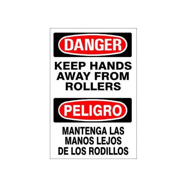 Danger: Keep Hands Away From Rollers Peligro Mantenga Las Manos Lejos sign, Plastic (.040), 14X10