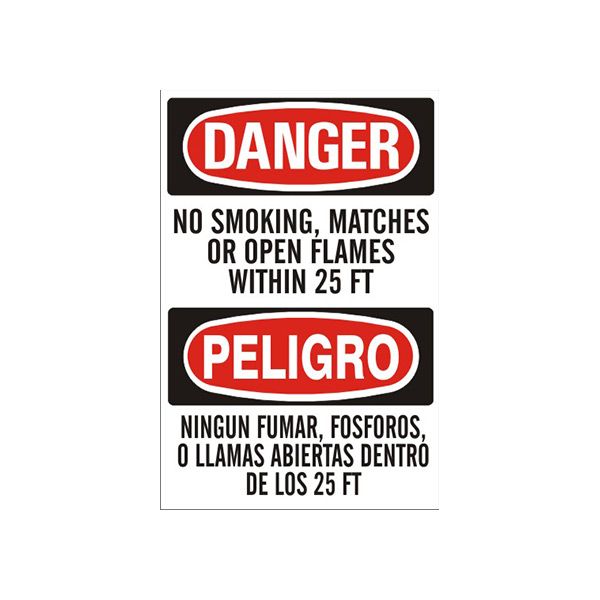 Danger: No Smoking  Matches Or Open Flames Within 25 Ft Peligro sign, Aluminum (.040), 20X14