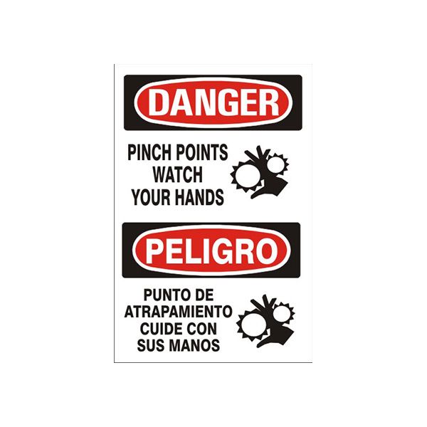 Danger: Pinch Points Watch Your Hands Peligro Punto De  Atrapamiento Cuide sign, Plastic (.040), 20X14