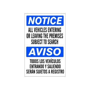 All Vehicles Entering Or Leaving The Premises Subject To Search - Notice Sign sign - M-075134 All Vehicles Entering Or Leaving The Premises Subject To Search - Notice Sign sign, Adhesive Vinyl, 14X10