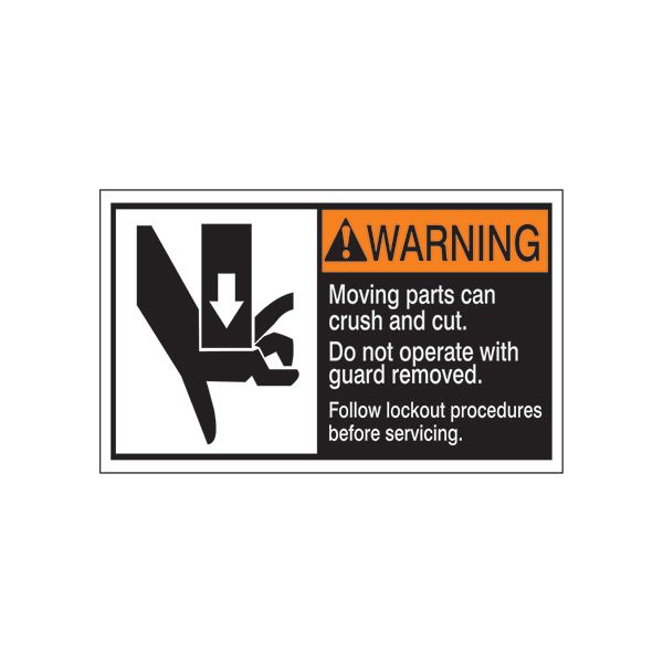 ANSI Header Moving Parts Can Crush And Cut. Do Not sign, Adhesive Vinyl, 3X5