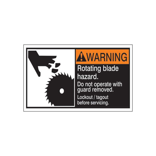 ANSI Header Rotating Blade Hazard. Do Not Operate With Guard removed. Lockout / Tagout before servicing. , Adhesive Vinyl, 3X5