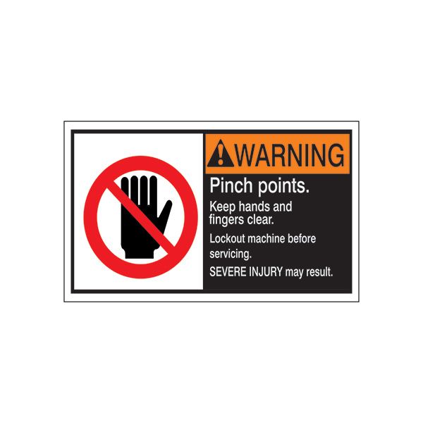 ANSI Header Pinch Points. Keep Hands And Fingers Clear. Lockout machine before servicing. Severe injurty may result. , Adhesive Vinyl, 3X5