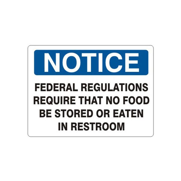 Notice: Federal Regulations Require That No Food Be Stored Or Eaten sign, Aluminum (.040), 14X20