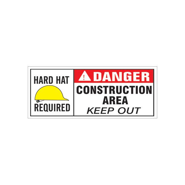 Hard Hat Required  Danger Construction Area Keep Out- Reinforced White banner., Banner, 48X120