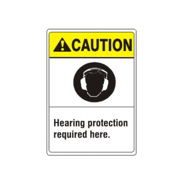 Caution: Hearing Protection Required Here. Ear Protection Picto sign, Adhesive Vinyl, 14X10