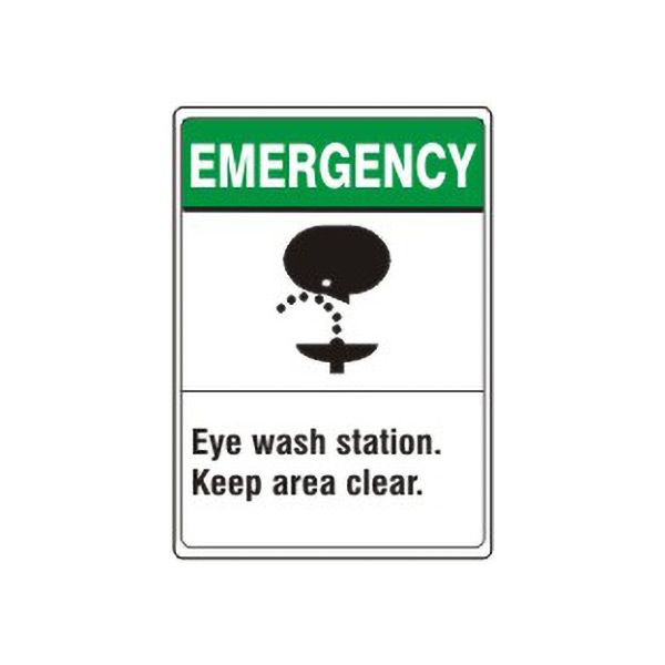 Emergency: Eye Wash Station Keep Area Clear. Head And Fountain Picto sign, Adhesive Vinyl, 14X10