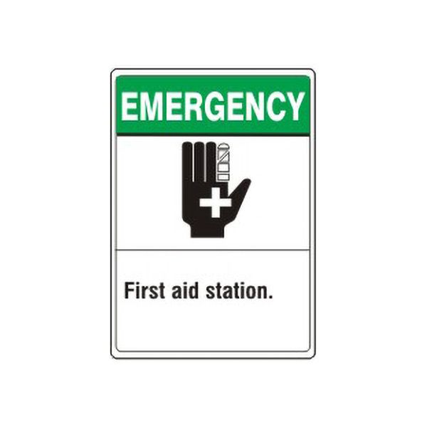 Emergency: First Aid Station. First Aid Hand Picto sign, Plastic (.040), 10X7