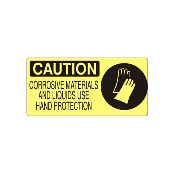 Caution: Corrosive Materials And Liquids Use Hand Protection With Glove Picto sign, Adhesive Vinyl, 7X17