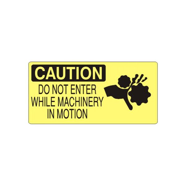 Caution: Do Not Enter While Machinery In Motion With Hand Picto sign, Adhesive Vinyl, 7X17
