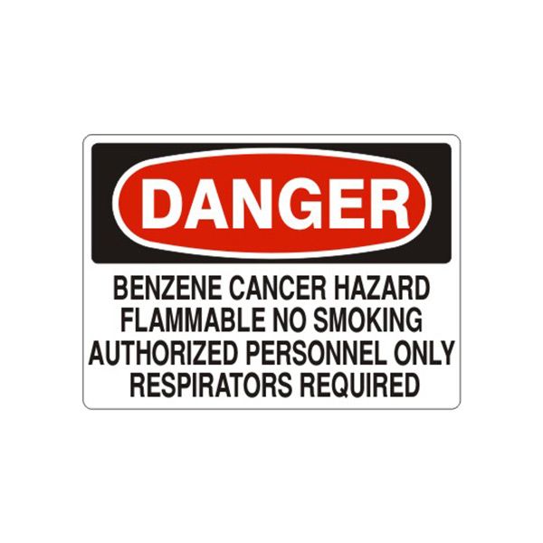 Danger: Benzene Cancer Hazard Flammable No Smoking Authorized Personnel Only Respirators sign, Aluminum (.040), 10X14